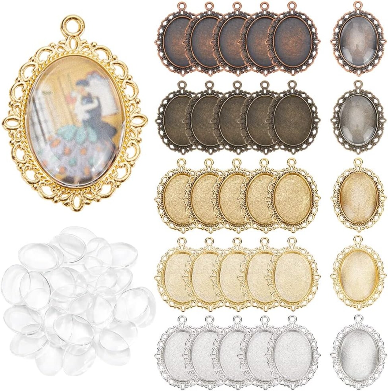 60pcs Pendant Tray Kit, 30pcs 5 Colors Oval Pendant Blank Bezel Graduation Photo Charm 30pcs 25 x 18mm Glass Cabochon Dome Tiles Clear Cameo Memorial Photo Pendant for Wedding Bouquet
